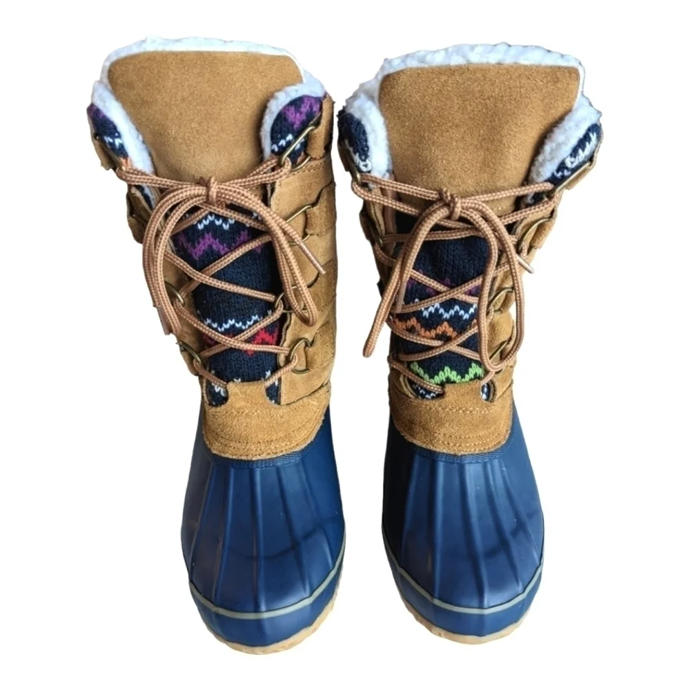 Khombu Vail Women's Blue Rubber Tan Suede Snow Duck Boots Colorful Knit Accent 6